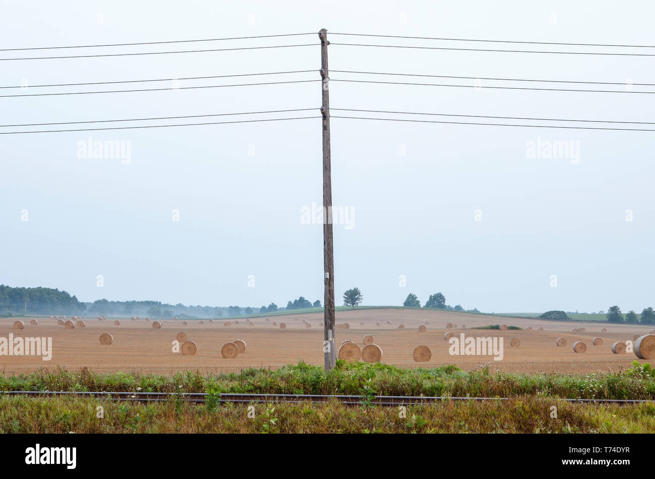 La voie de chemin de fer, lignes électriques et farm field with hay bales, Eramosa, Ontario, Canada Banque D'Images