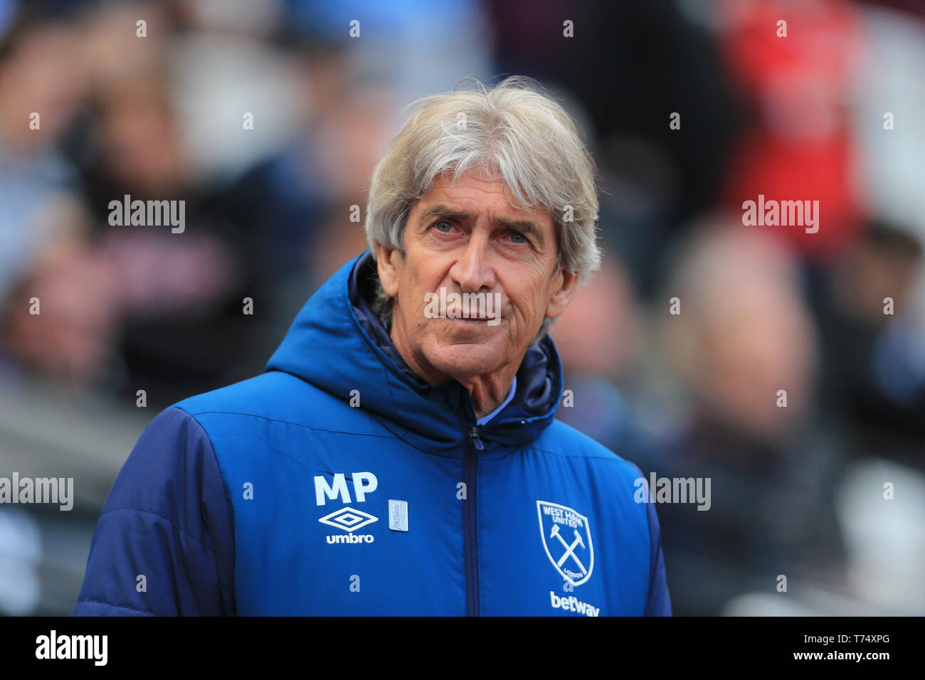 Londres, Royaume-Uni. 04 mai, 2019. West Ham United Manager Manuel Pellegrini au cours de la Premier League match entre West Ham United et de Southampton au stade de Londres, Stratford, Londres le samedi 4 mai 2019. (Crédit : Leila Coker | MI News) usage éditorial uniquement, licence requise pour un usage commercial. Aucune utilisation de pari, de jeux ou d'un seul club/ligue/dvd publications. Photographie peut uniquement être utilisé pour les journaux et/ou à des fins d'édition de magazines. Crédit : MI News & Sport /Alamy Live News Banque D'Images