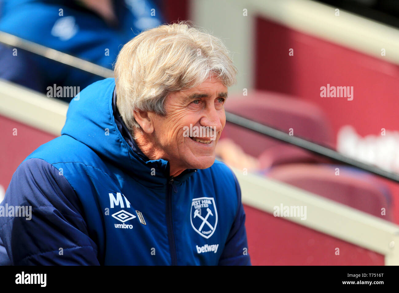 Londres, Royaume-Uni. 04 mai, 2019. West Ham United Manager Manuel Pellegrini au cours de la Premier League match entre West Ham United et de Southampton au stade de Londres, Stratford, Londres le samedi 4 mai 2019. (Crédit : Leila Coker | MI News) usage éditorial uniquement, licence requise pour un usage commercial. Aucune utilisation de pari, de jeux ou d'un seul club/ligue/dvd publications. Photographie peut uniquement être utilisé pour les journaux et/ou à des fins d'édition de magazines. Crédit : MI News & Sport /Alamy Live News Banque D'Images