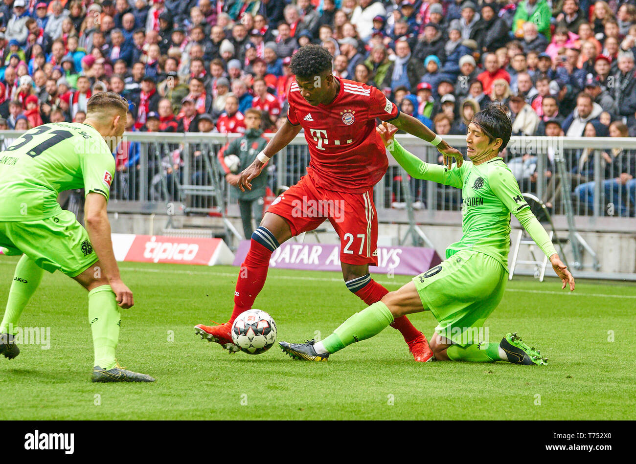 Munich, Allemagne. 04 mai, 2019. Kingsley COMAN, FCB 29 concurrence pour la balle, s'attaquer, duel, l'en-tête, zweikampf, action, lutte contre Genki HARAGUCHI, H96 10 Waldemar ANTON, 31 H96, FC BAYERN MUNICH - Hanovre 96 3-1 - DFL RÈGLEMENT INTERDIT TOUTE UTILISATION DES PHOTOGRAPHIES comme des séquences d'images et/ou quasi-vidéo - 1.ligue de soccer allemand, Munich, le 04 mai 2019, journée 32 saison 2018/2019, FCB, Hanovre, Crédit : Peter Schatz/Alamy Live News Banque D'Images