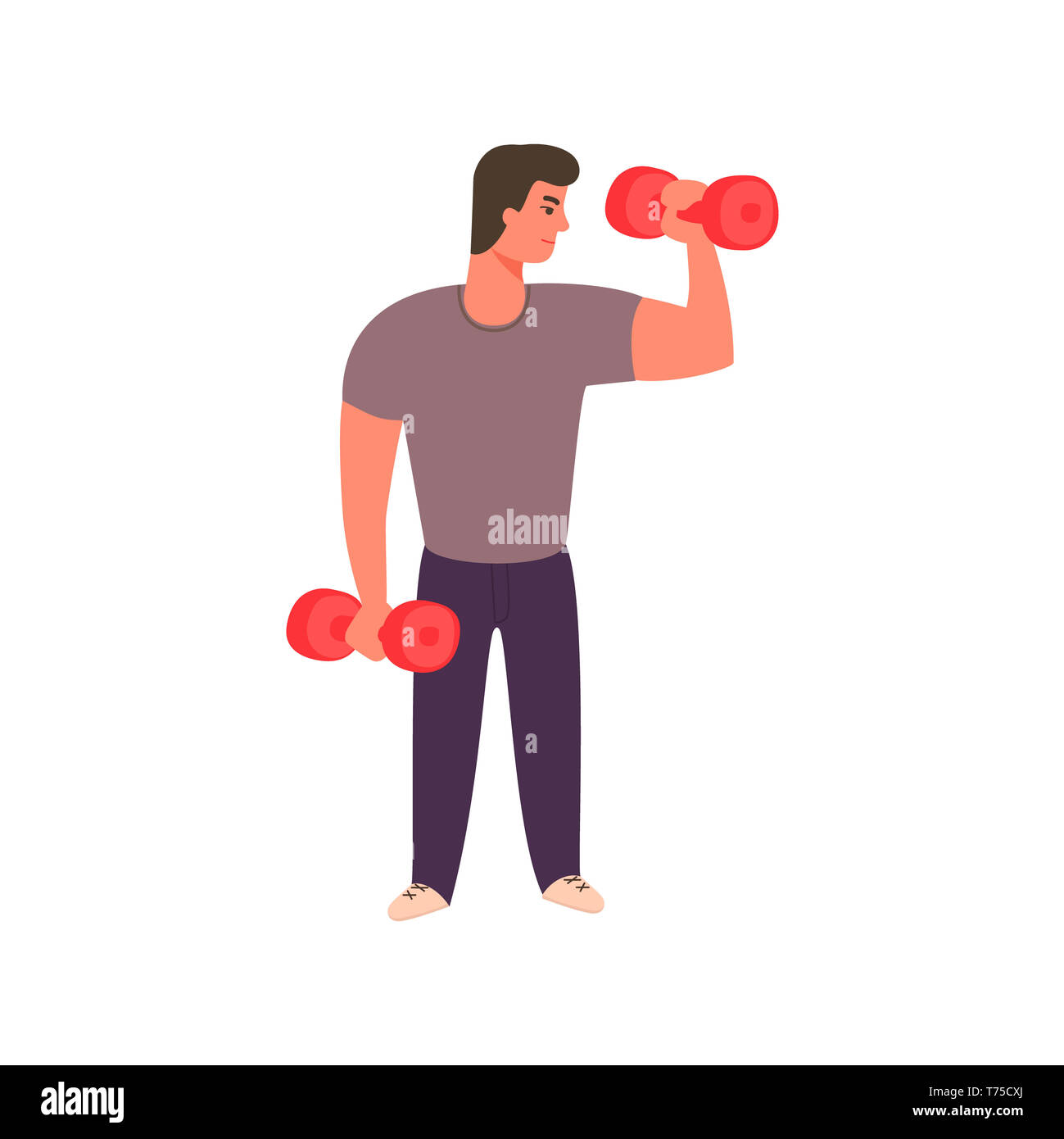 Strong man working out with dumbbells. Athletic guy doing exercise in character design. Banque D'Images