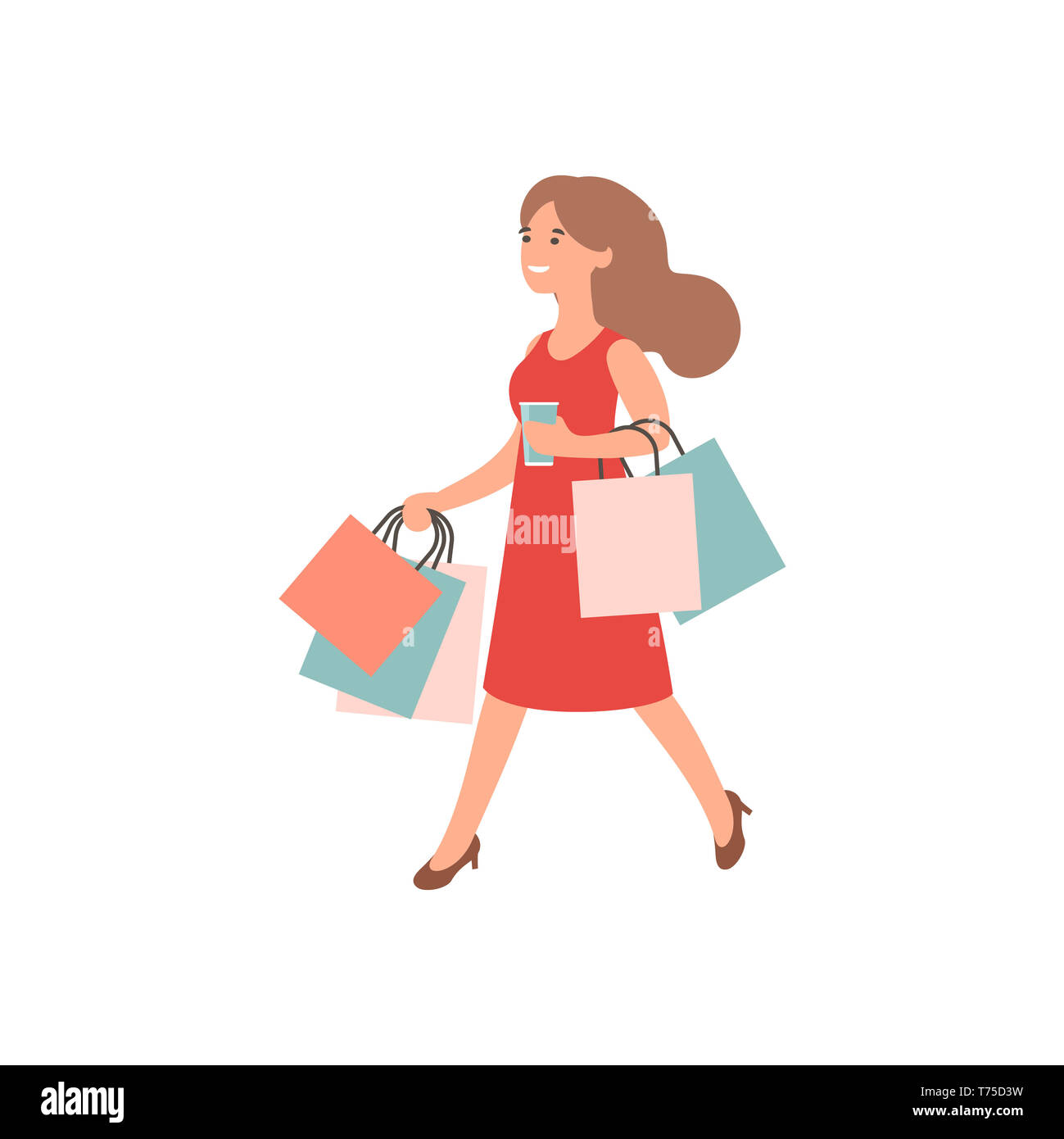 Happy girl with shopping. Woman holding shopping bags. Shopaholic femelle art. concept design de personnages de dessins animés. Télévision illustration Banque D'Images
