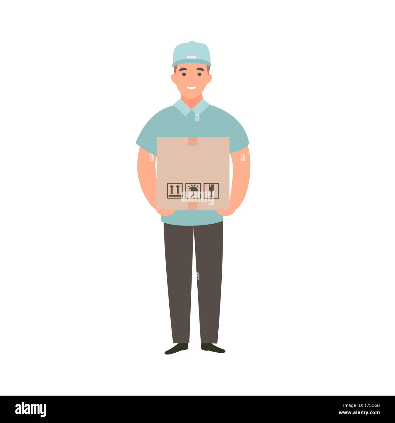 Guy livraison holding box avec un ordre. Livreur a achats. Télévision Cartoon character design Banque D'Images