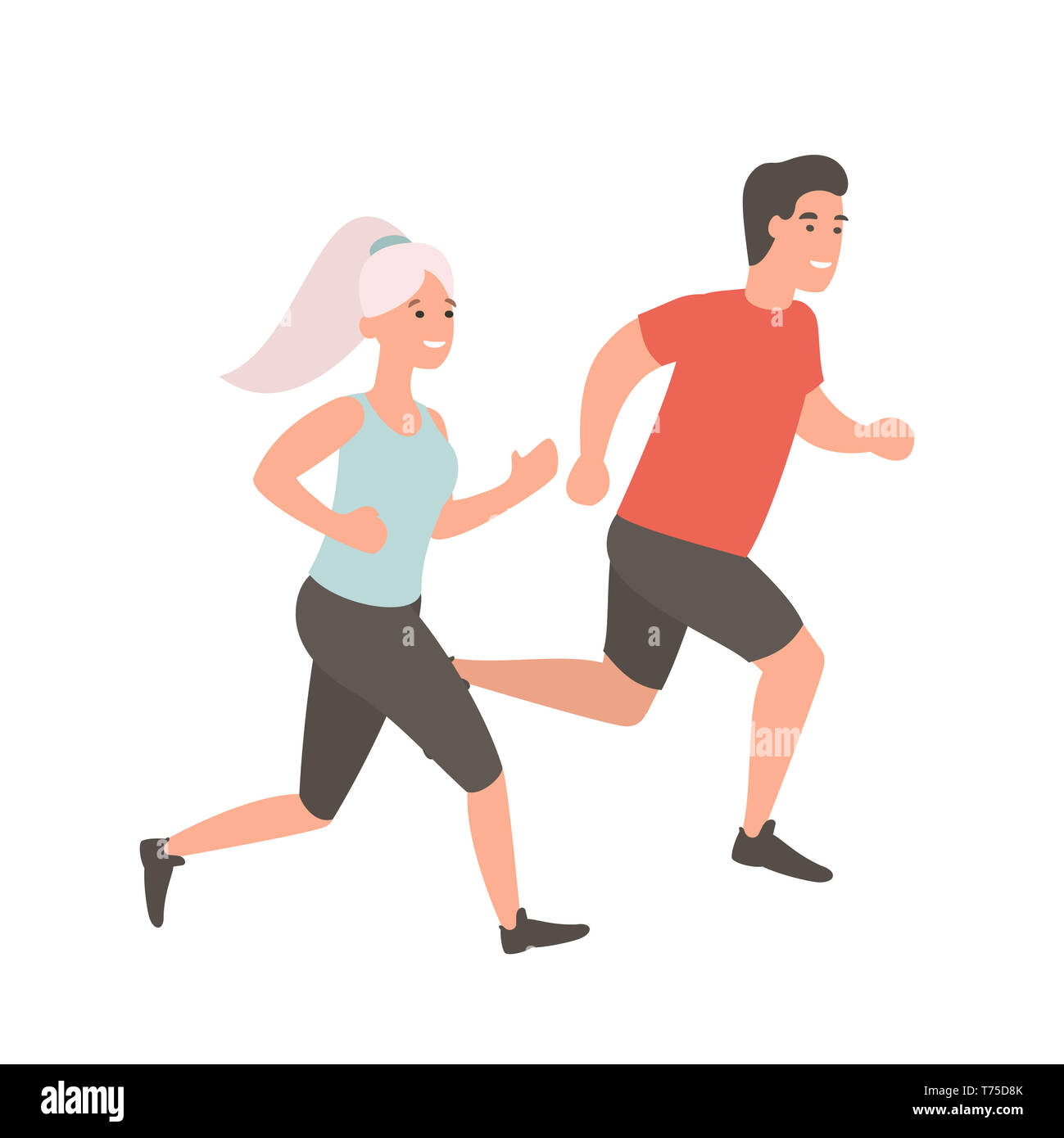 L'homme et de la femme en marche. Couple jogging à l'extérieur. Télévision Cartoon illustration. Exécuter concept. Banque D'Images