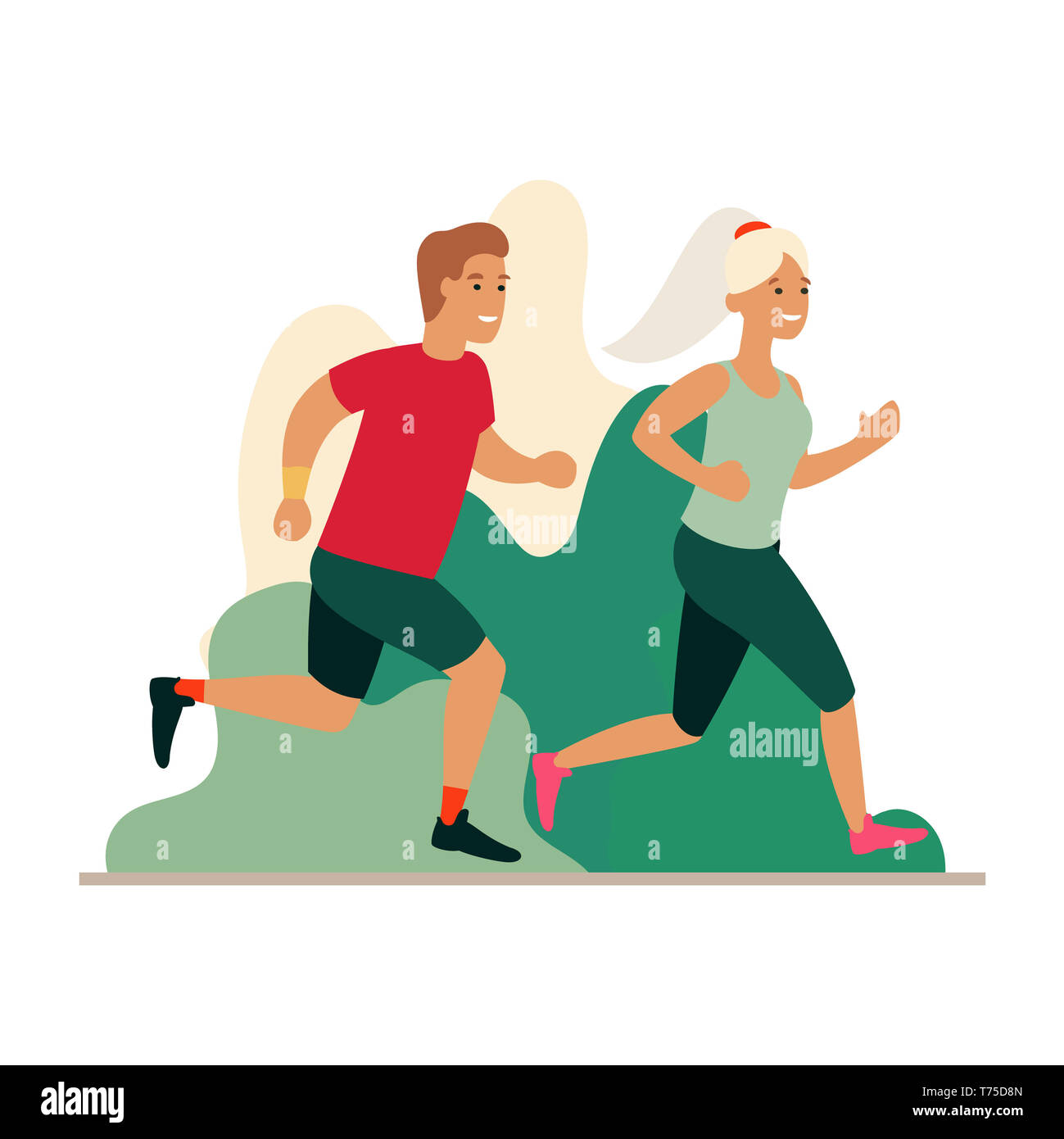 L'homme et la femme courir dans le parc. Couple jogging à l'extérieur. Télévision Cartoon illustration. Exécuter concept. Banque D'Images