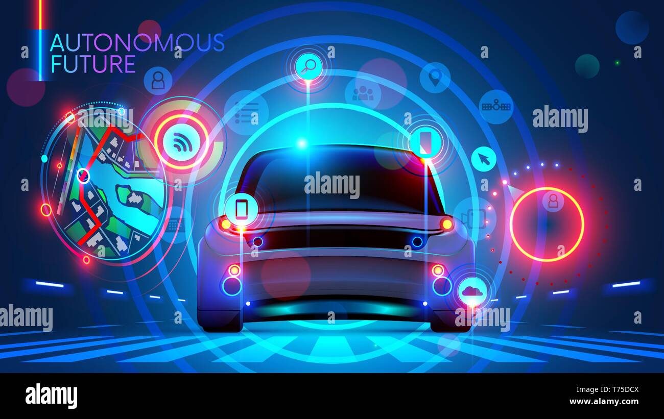 Voiture autonome sur la communication sans fil avec Smart city infrastructure. auto conduisant ou sans conducteur de véhicules concept. Concept futur Illustration de Vecteur