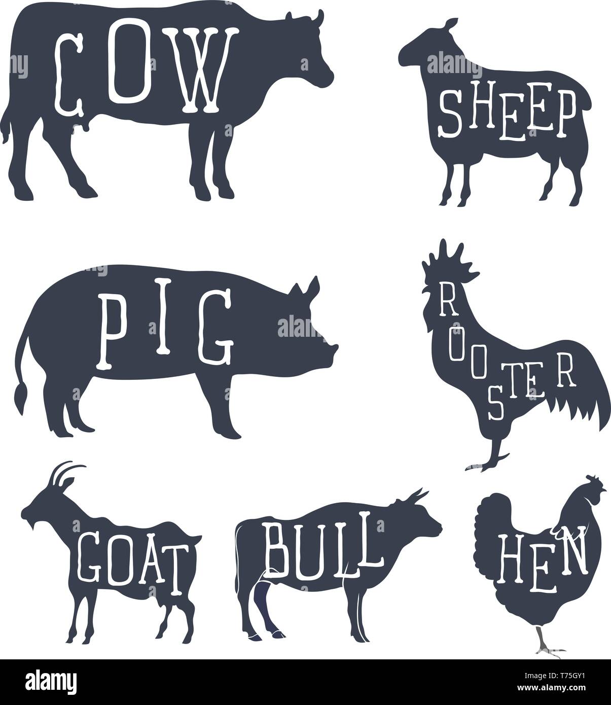 Les animaux de ferme, vector set d'icônes. Collection de silhouettes comme vache, taureau, moutons, cochon, coq, poule, poulet, chèvre. Vector Illustration de Vecteur