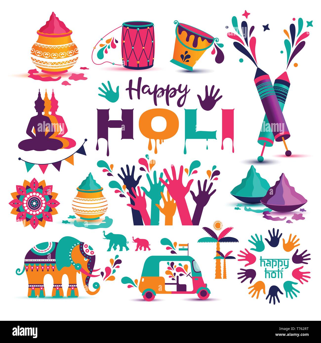 Ensemble d'Holi télévision icônes dans le style indien. Vector illustration. Illustration de Vecteur