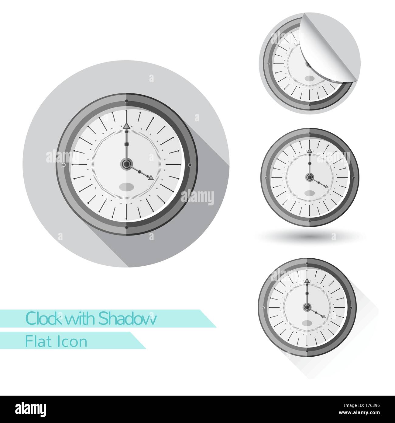 L'icône horloge ronde plate avec ombre portée de l'ovale et coin plié Illustration de Vecteur