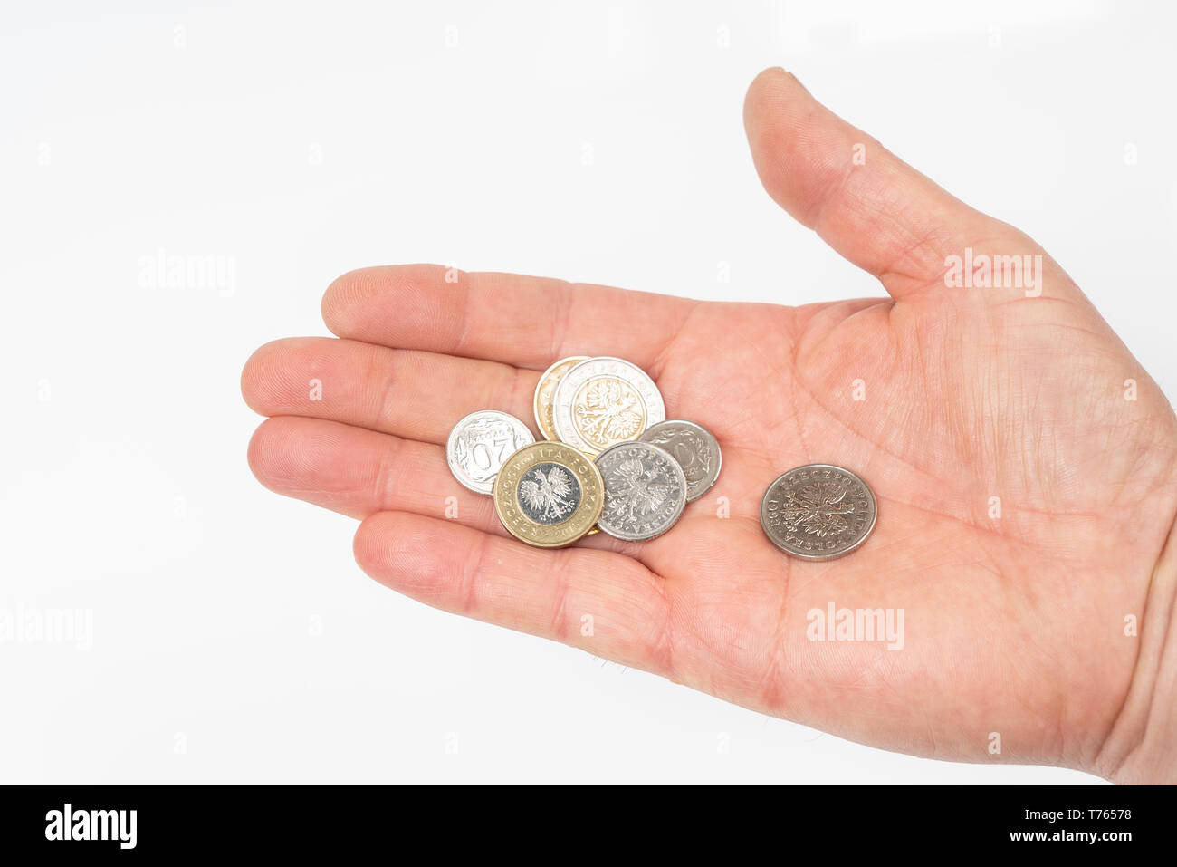 Quelques pièces de zloty polonais sur la main Banque D'Images