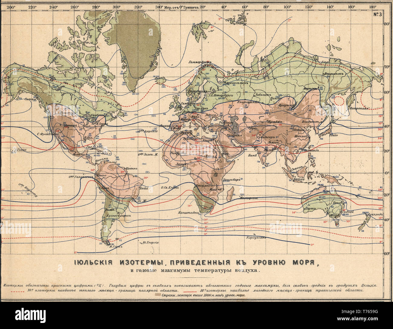 Climatologie la terre donnée à isothermes Juillet Cartes le niveau de la mer Nouveau atlas table A.F. Marcks Saint-pétersbourg, 1910 Banque D'Images