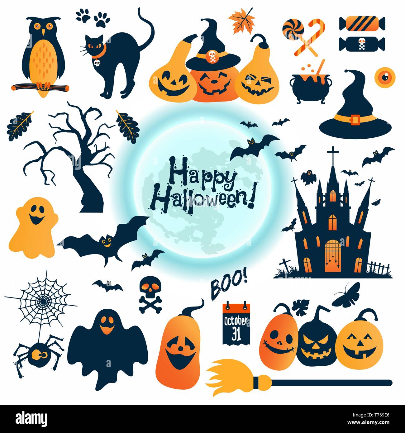 Halloween icons set. Éléments de conception de scénario pour une maison de vacances. Illustration de Vecteur