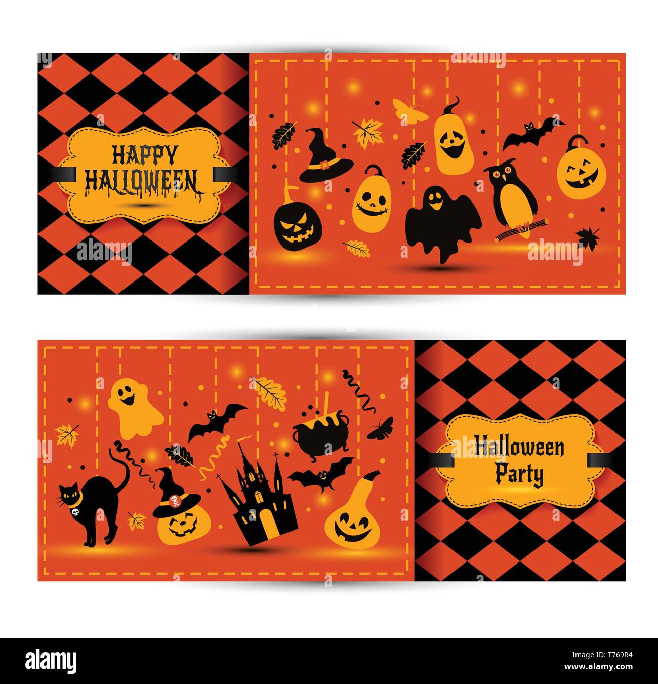 Bannières Halloween situé sur fond de couleurs. Invitation à la nuit de la partie. Modèle de conception de scénario pour halloween avec des icônes. Ensemble d'automne symb Illustration de Vecteur