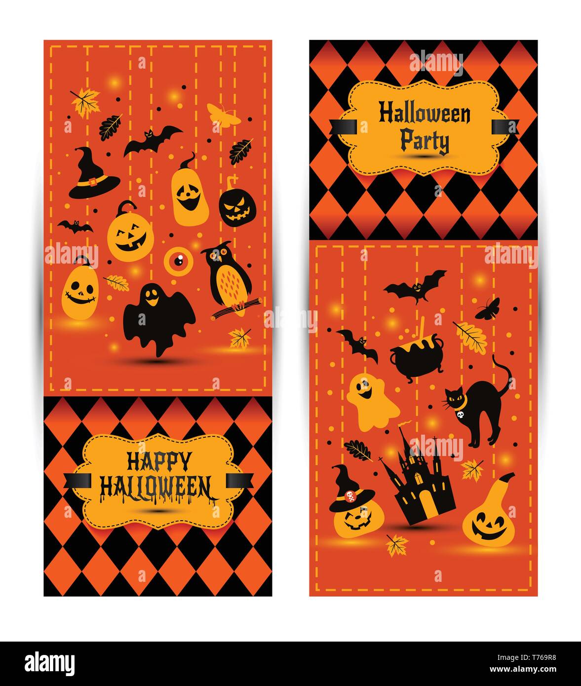 Bannières Halloween situé sur fond de couleurs. Invitation à la nuit de la partie. Modèle de conception de scénario pour halloween avec des icônes. Ensemble d'automne symb Illustration de Vecteur