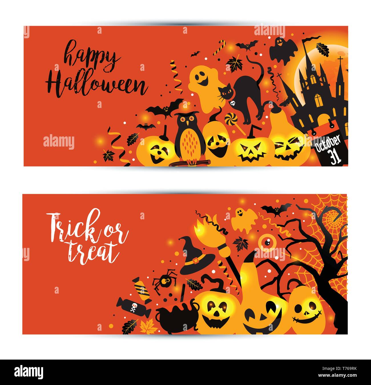 Bannières Halloween sur fond orange. Invitation à la nuit de la partie. Modèle de conception de scénario pour halloween avec des icônes. Ensemble d'automne symb Illustration de Vecteur