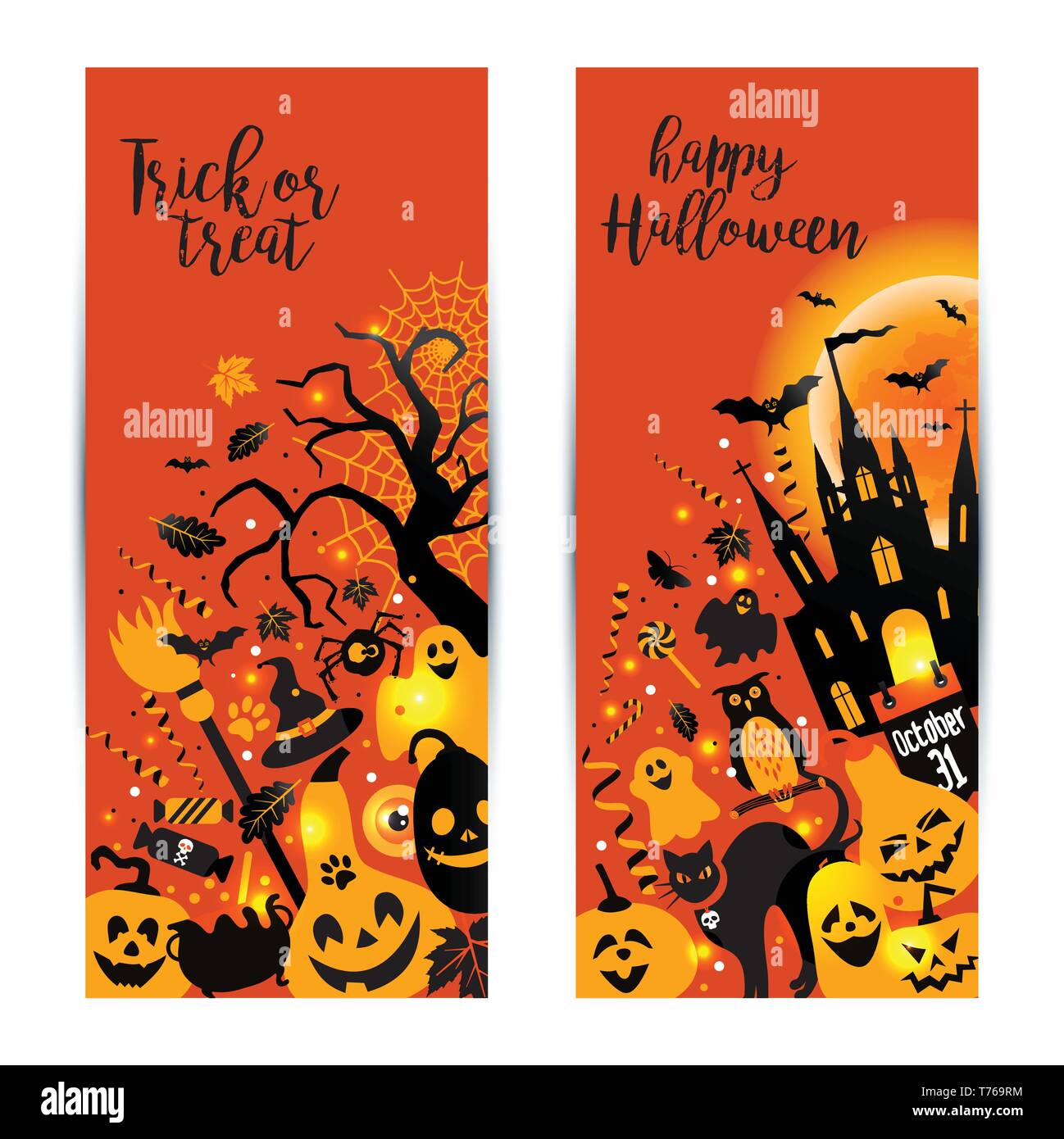 Bannières Halloween sur fond orange. Invitation à la nuit de la partie. Modèle de conception de scénario pour halloween avec des icônes. Ensemble d'automne symb Illustration de Vecteur