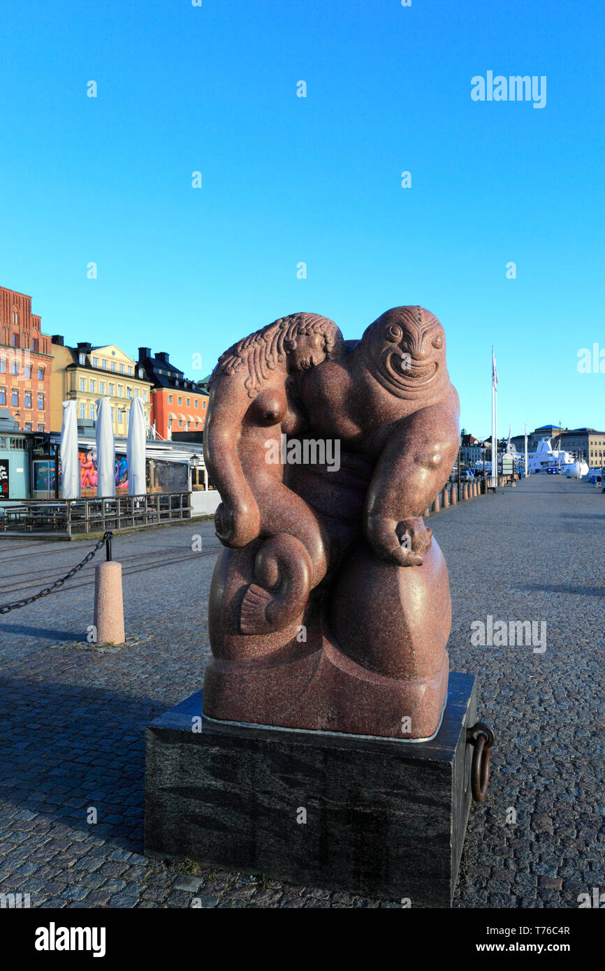Sculpture sur la promenade sur Skeppsbron, Gamla Stan, Stockholm, Suède, Europe Ville Banque D'Images