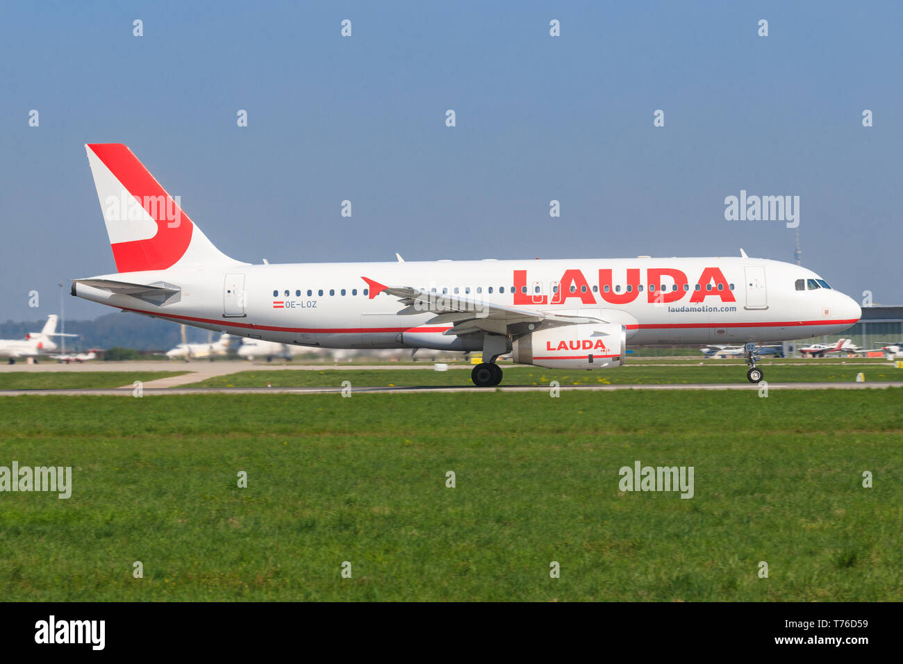 Stuttgart/Allemagne, 27 Mai 2019 : Lauda A 320, dernier vol à l'aéroport de Stuttgart. Banque D'Images