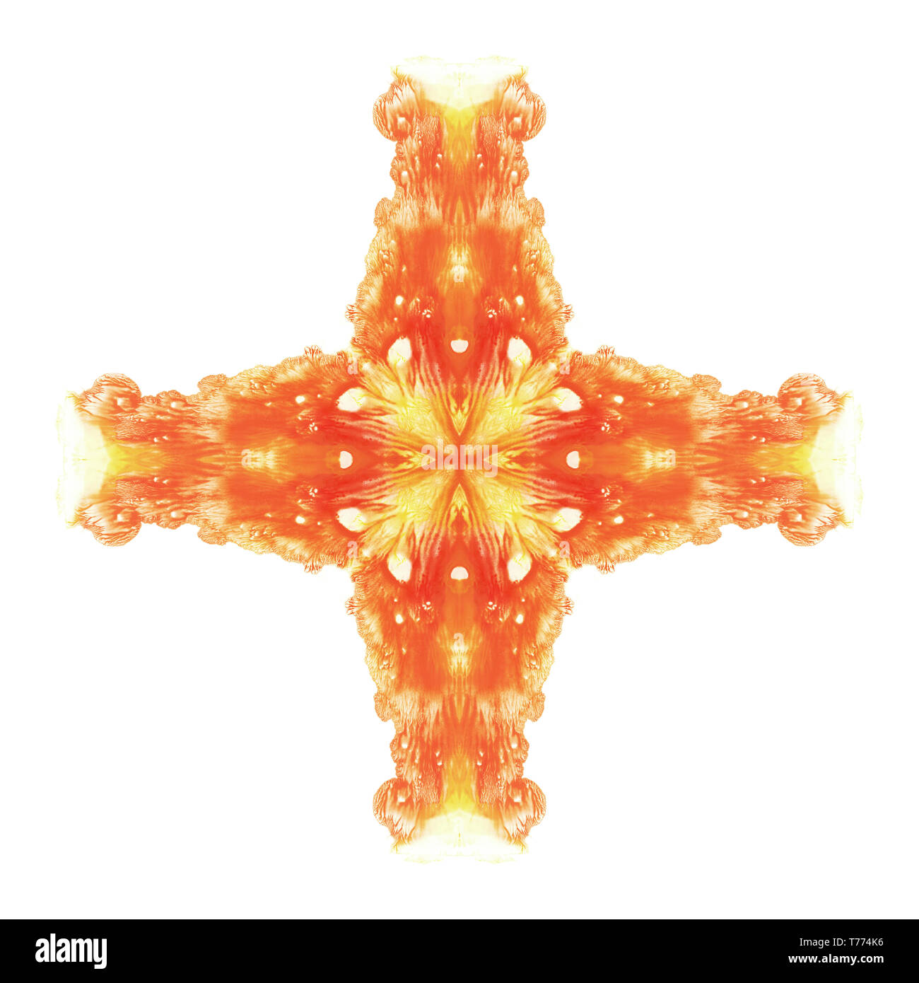Fiery décoratifs croix. Peinture aquarelle abstraite lumineux. Image symétrique dessiné à la main. Jaune, rouge et orange de la peinture. Banque D'Images