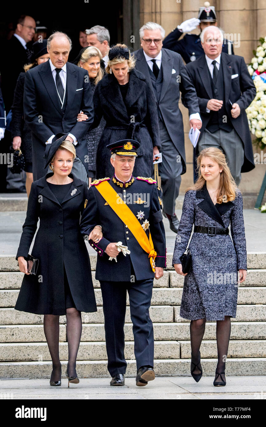 Luxembourg, Luxembourg. 04 mai, 2019. Le Roi Philippe, La Reine Mathilde et  de la Princesse Elisabeth de Belgique aux funérailles du Grand-duc Jean  dans la Cathédrale de Luxembourg, le 4 mai 2019.