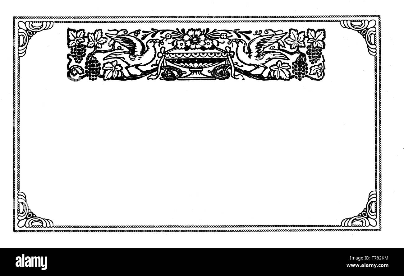 Des éléments typographiques : élégante et d'un cadre stylisé étiquette décorative avec les oiseaux, fleurs et feuilles de raisin Banque D'Images