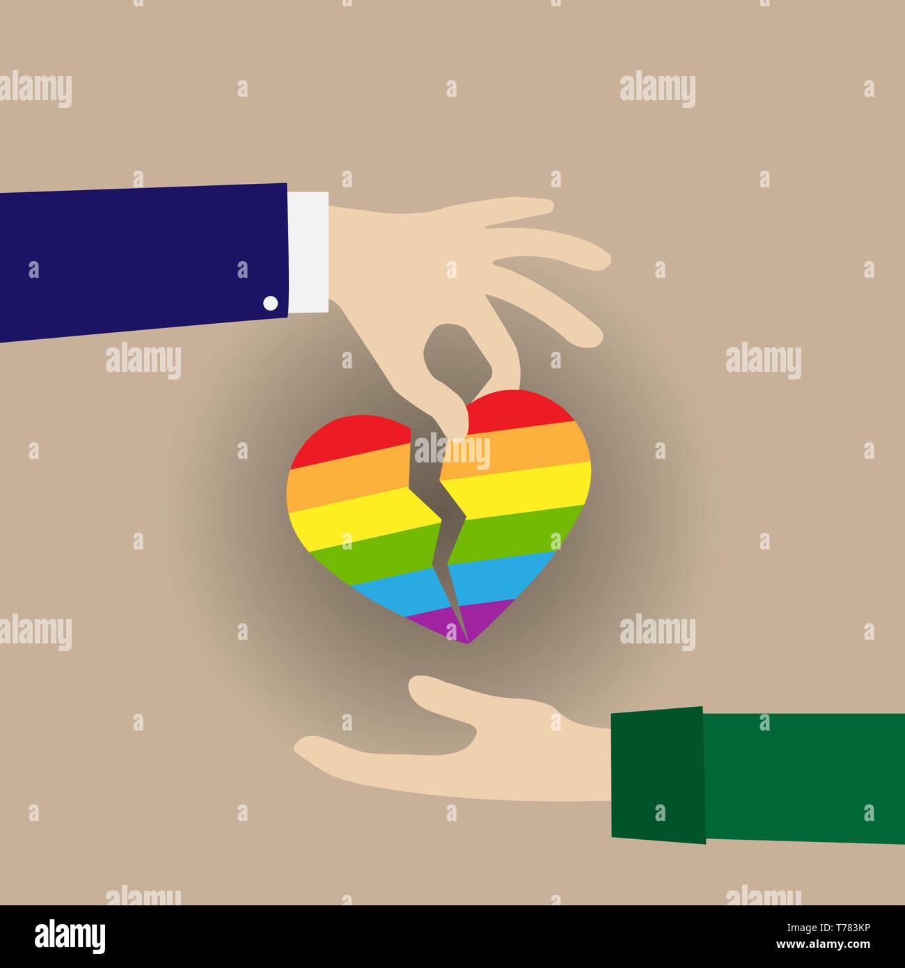 Coeur divisé dans les couleurs de la communauté LGBT passé de main en main, modèle plat Illustration de Vecteur