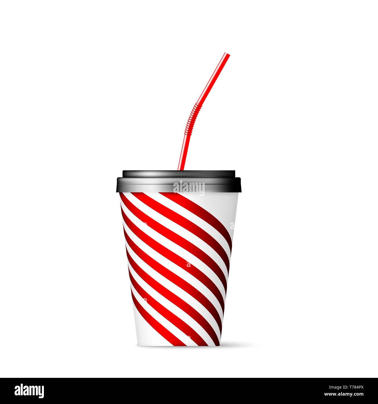 Coupe papier à rayures avec couvercle et paille rouge sur fond blanc. Vector illustration Illustration de Vecteur