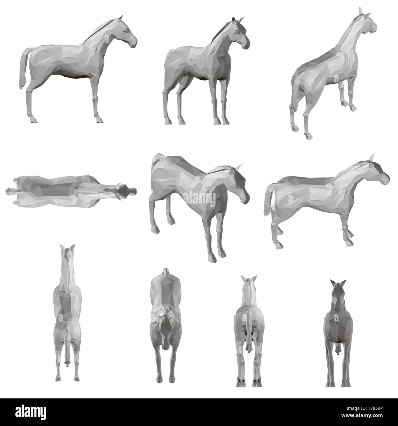 Ensemble avec un cheval polygonale dans différentes positions. 3D. Vector illustration Illustration de Vecteur