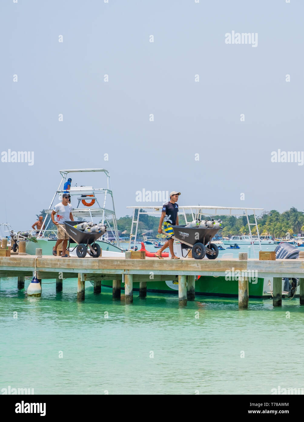 Retirer les réservoirs de plongée appauvri les travailleurs à partir d'un bateau de plongée touristique à West Bay Beach Roatan Honduras. Banque D'Images