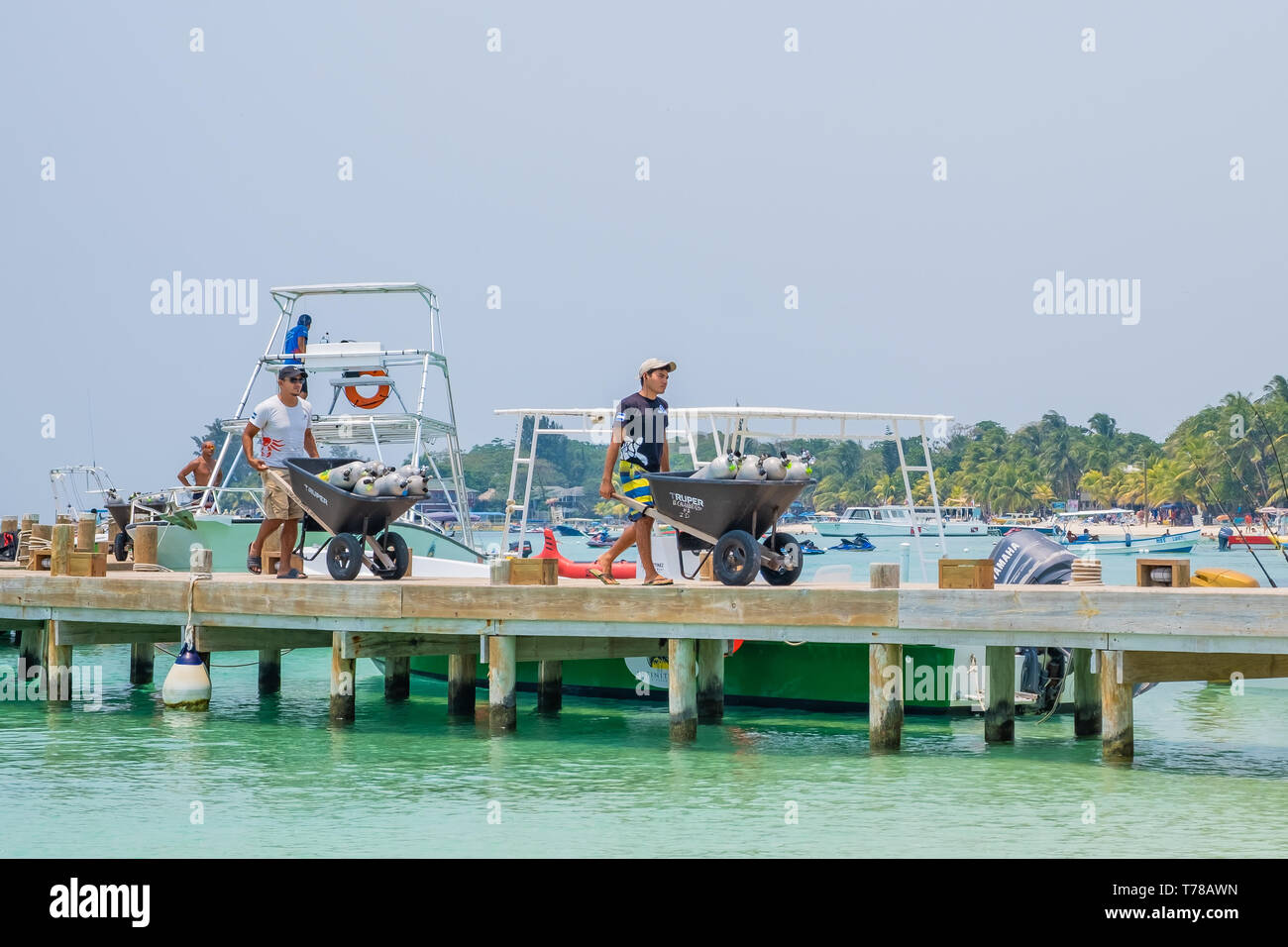 Retirer les réservoirs de plongée appauvri les travailleurs à partir d'un bateau de plongée touristique de West Bay, plage de Roatan au Honduras. Banque D'Images
