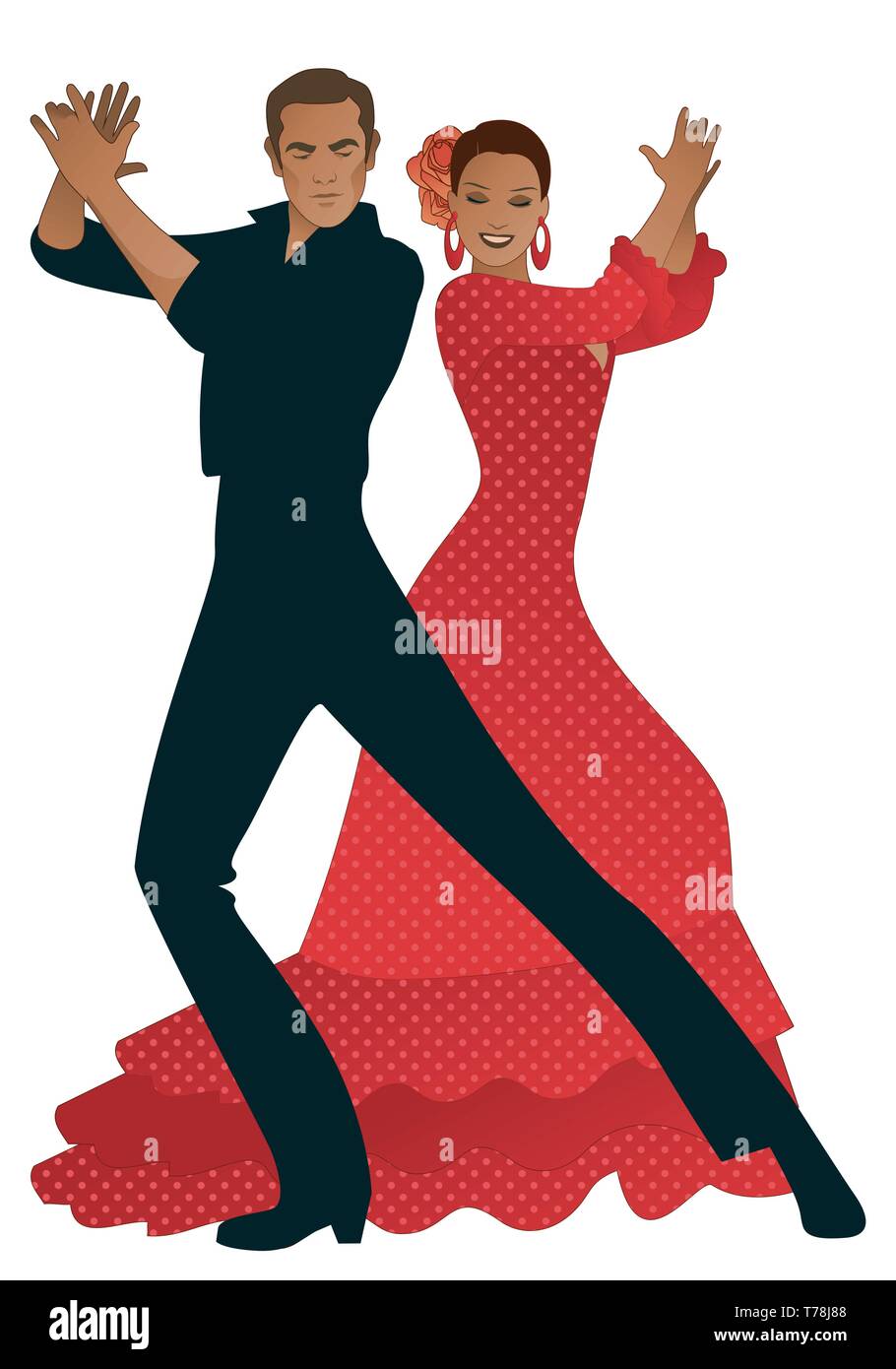 Couple de danseurs de flamenco de palmiers. Bel homme et belle femme avec des fleurs dans ses cheveux et robe de danse typiquement espagnol Illustration de Vecteur
