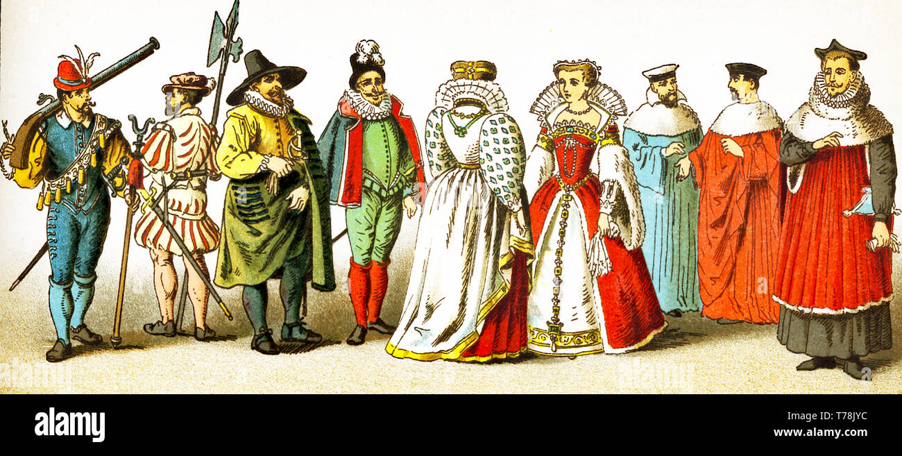 Les chiffres représentés ici sont les français entre 1550 et 1600. Ils sont, de gauche à droite : une protection sous Charles IX et Henri III, un garde suisse, un soldat, deux costumes, Louisa de Lorraine l'épouse de Henri III, le chancelier, président du Parlement européen, docteur en médecine. L'illustration dates à 1882. Banque D'Images