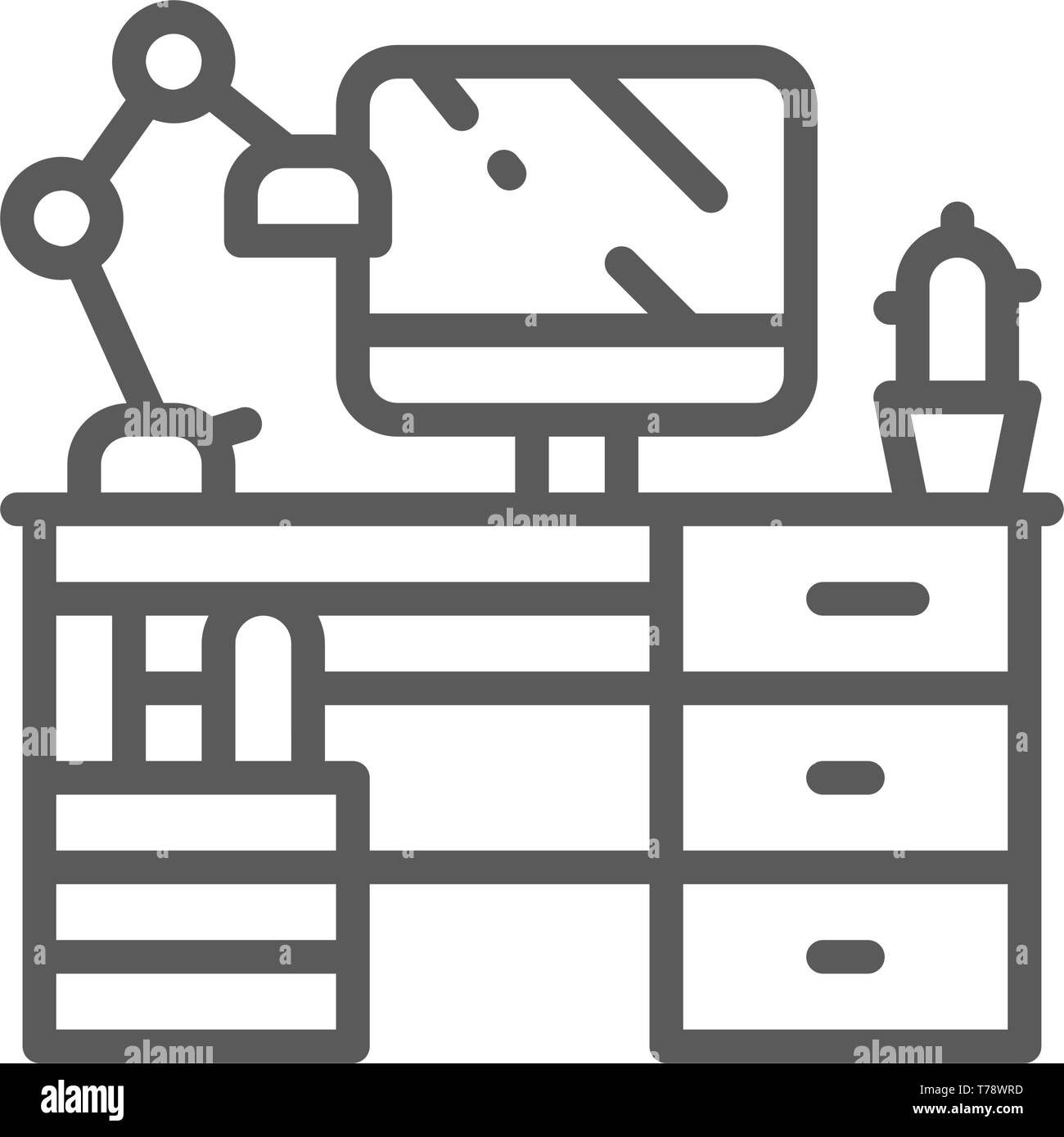 Lieu de travail, bureau avec ordinateur et l'icône de la ligne de feu. Illustration de Vecteur