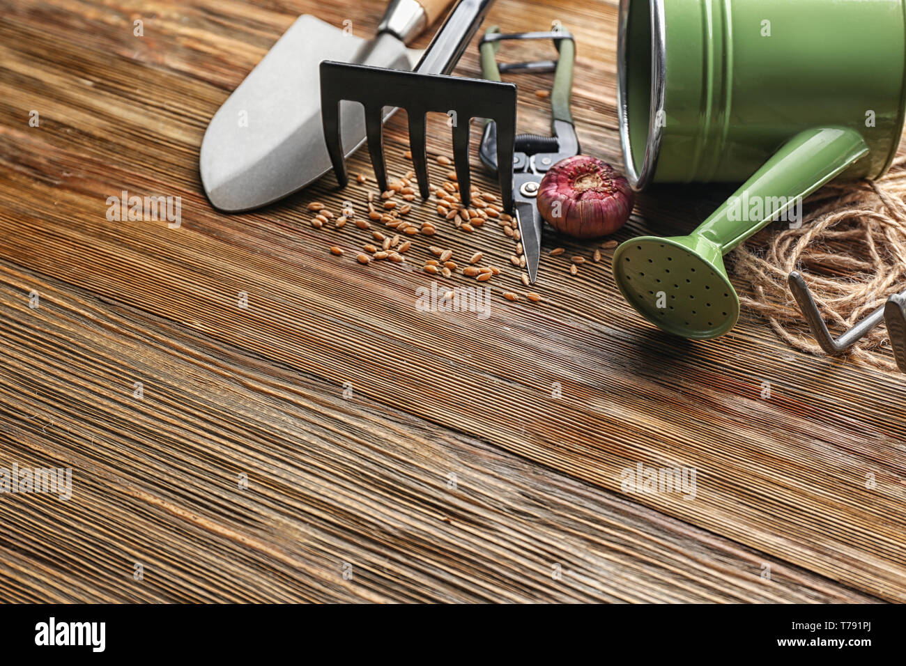 Outils de jardinage sur fond de bois Banque D'Images