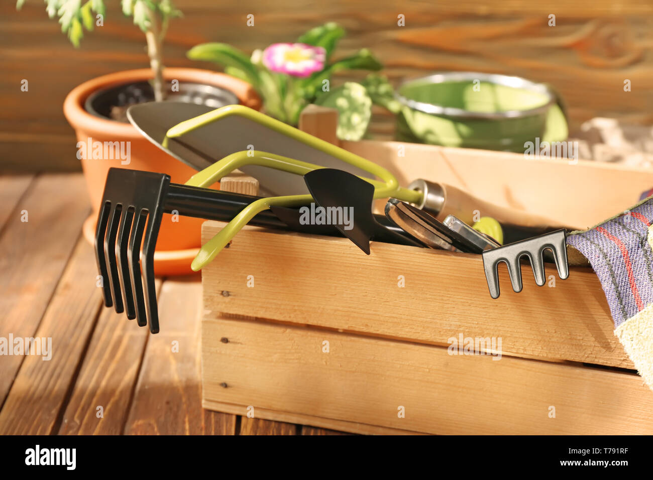 Avec caisse en bois sur la table d'outils de jardinage Banque D'Images