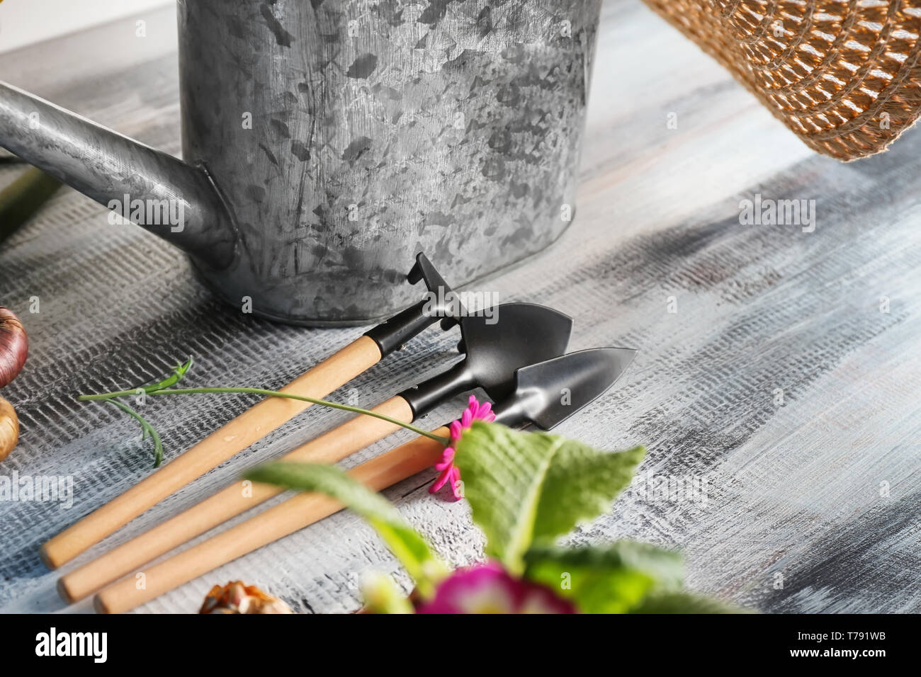Outils de jardinage sur table en bois Banque D'Images