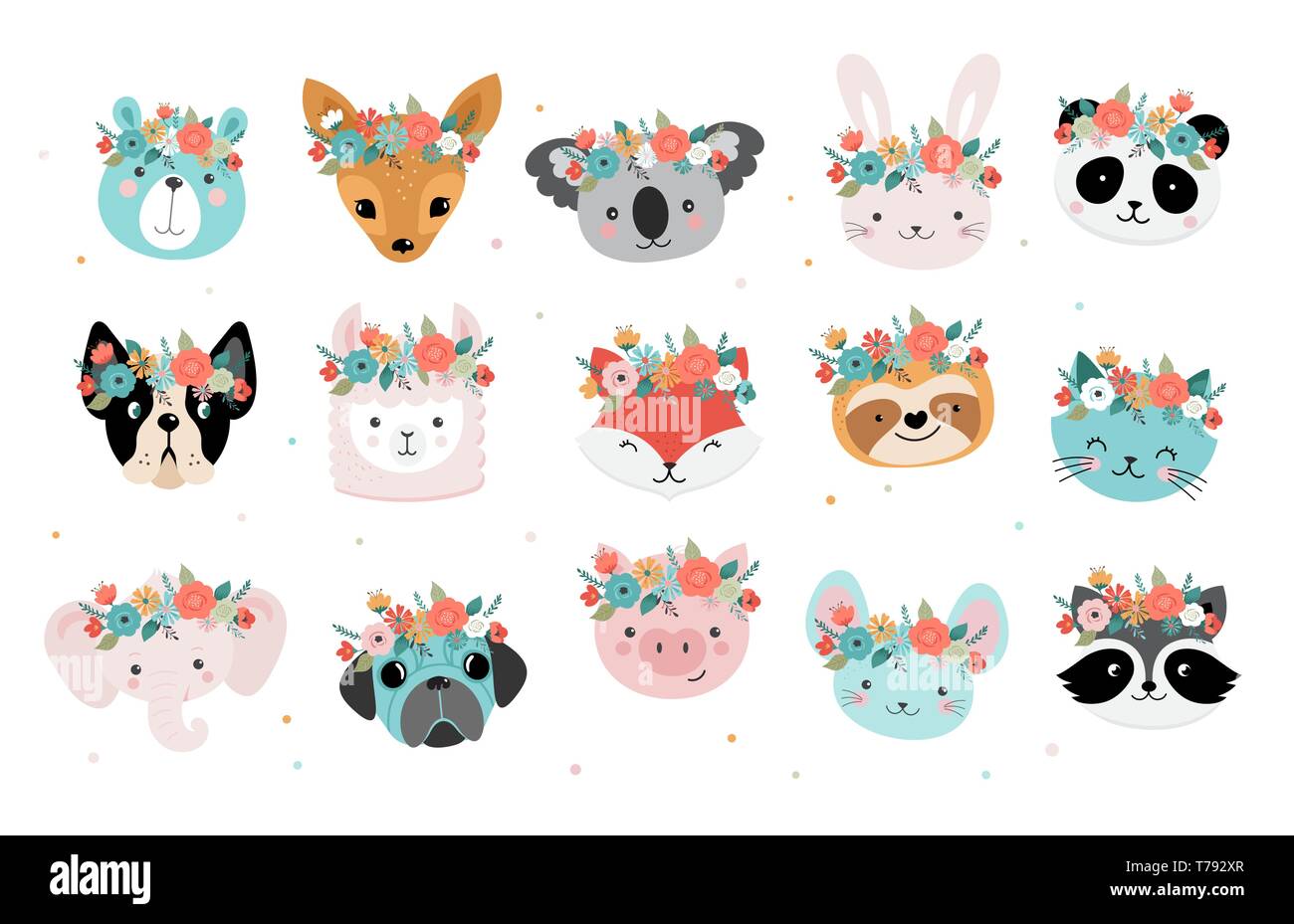 Les renards mignons les têtes avec la couronne de fleurs, vector seamless pattern design pour pépinière, affiches, cartes de vœux d'anniversaire Illustration de Vecteur