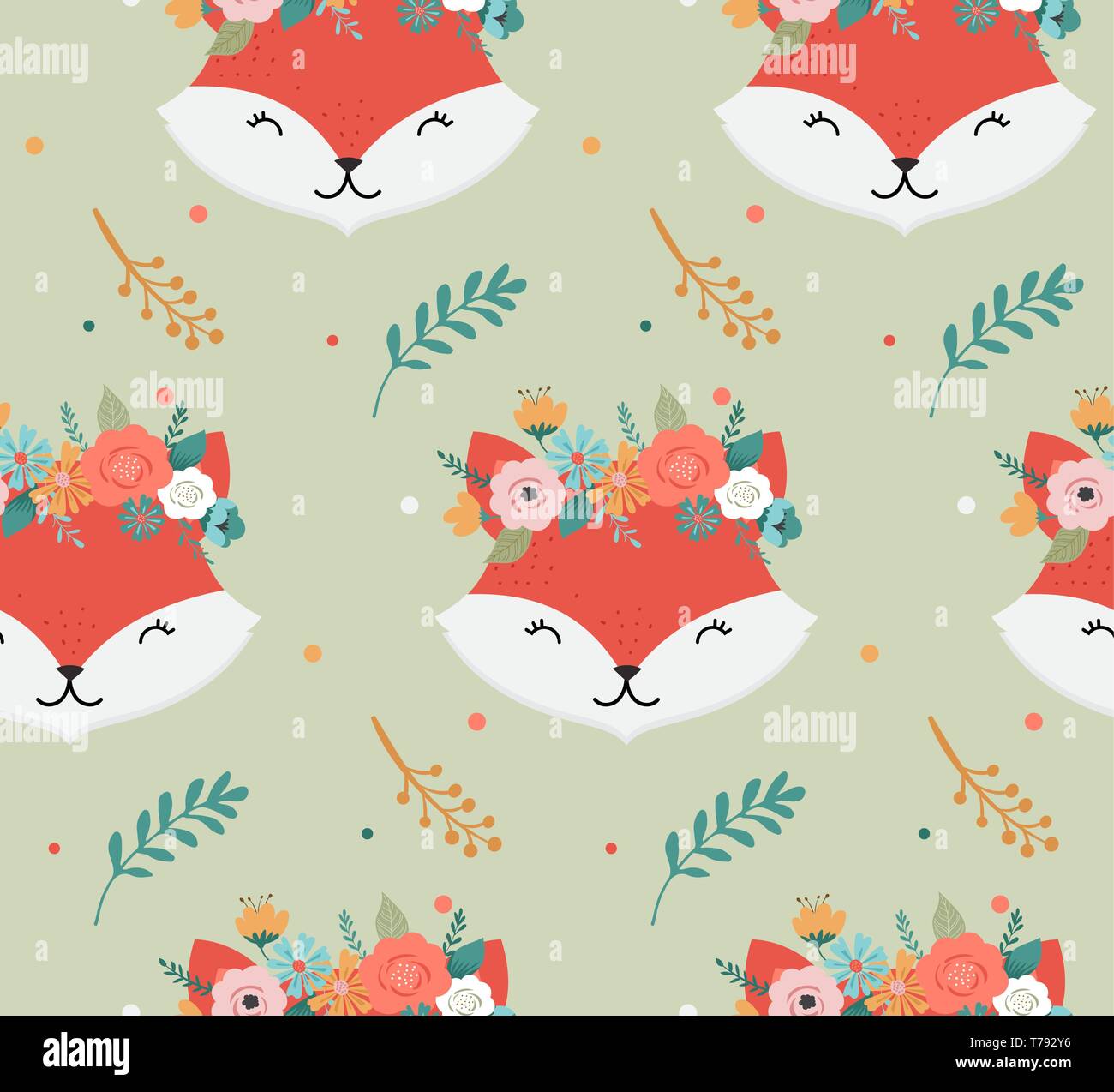 Les renards mignons les têtes avec la couronne de fleurs, vector seamless pattern design pour pépinière, poster, carte de souhaits d'anniversaire Illustration de Vecteur