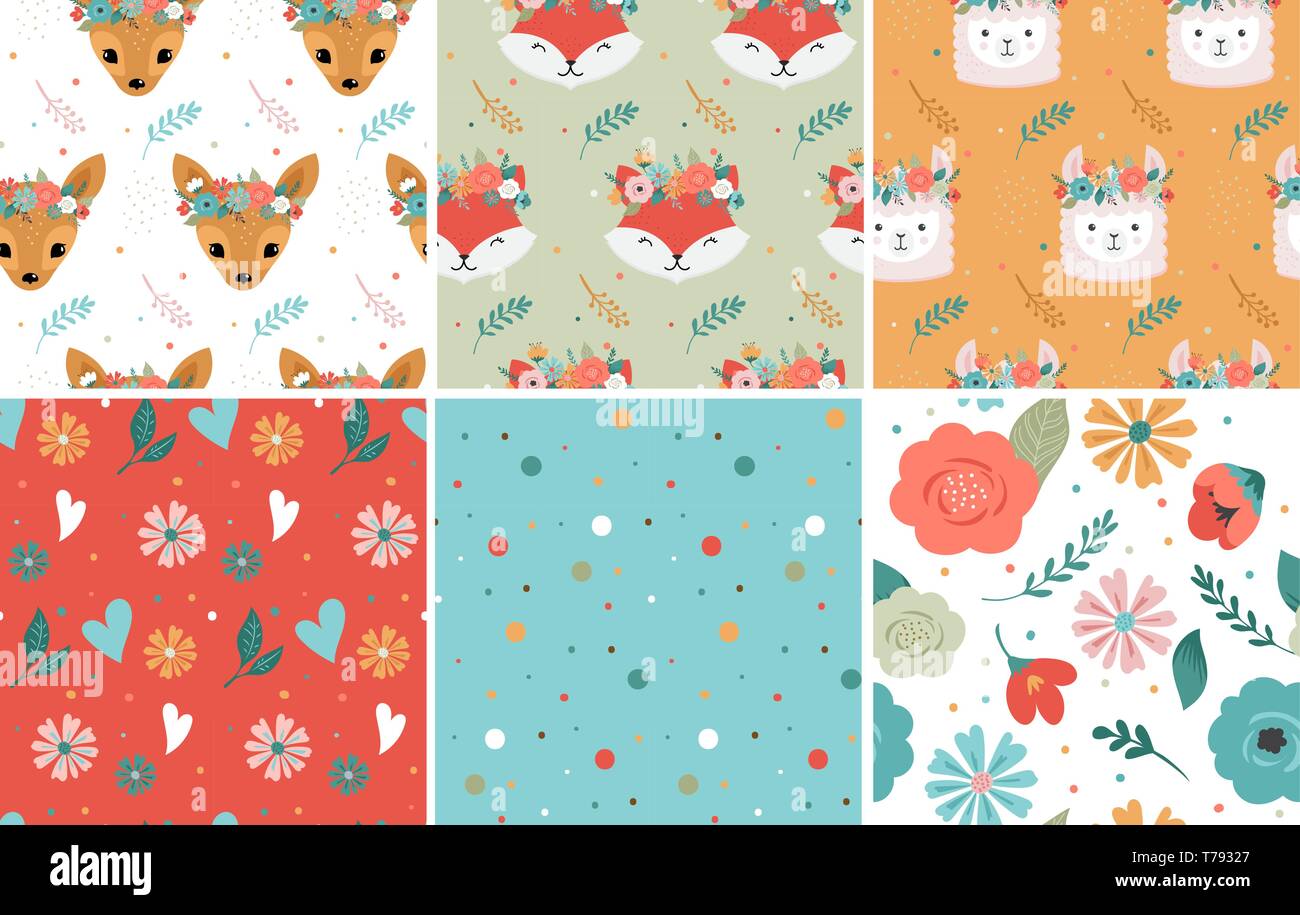 Les têtes des animaux avec la couronne de fleurs, vector seamless pattern design pour pépinière, poster, cartes de souhaits d'anniversaire. Panda, lama, Fox, coala, chat, chien Illustration de Vecteur