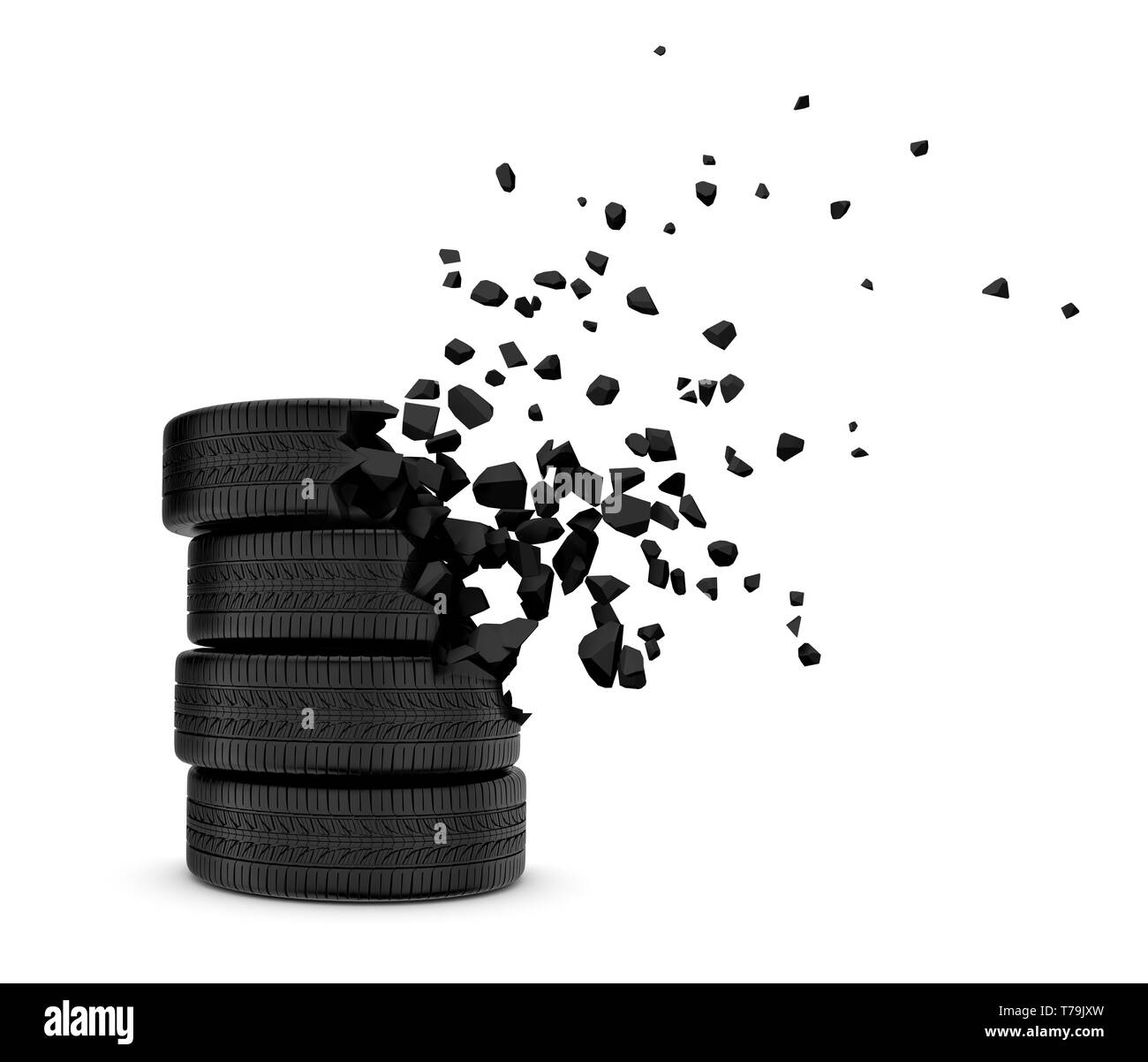 Close-up 3d rendering de pile de pneus noir à partir de briser en morceaux et disparaissent sur fond blanc. Banque D'Images