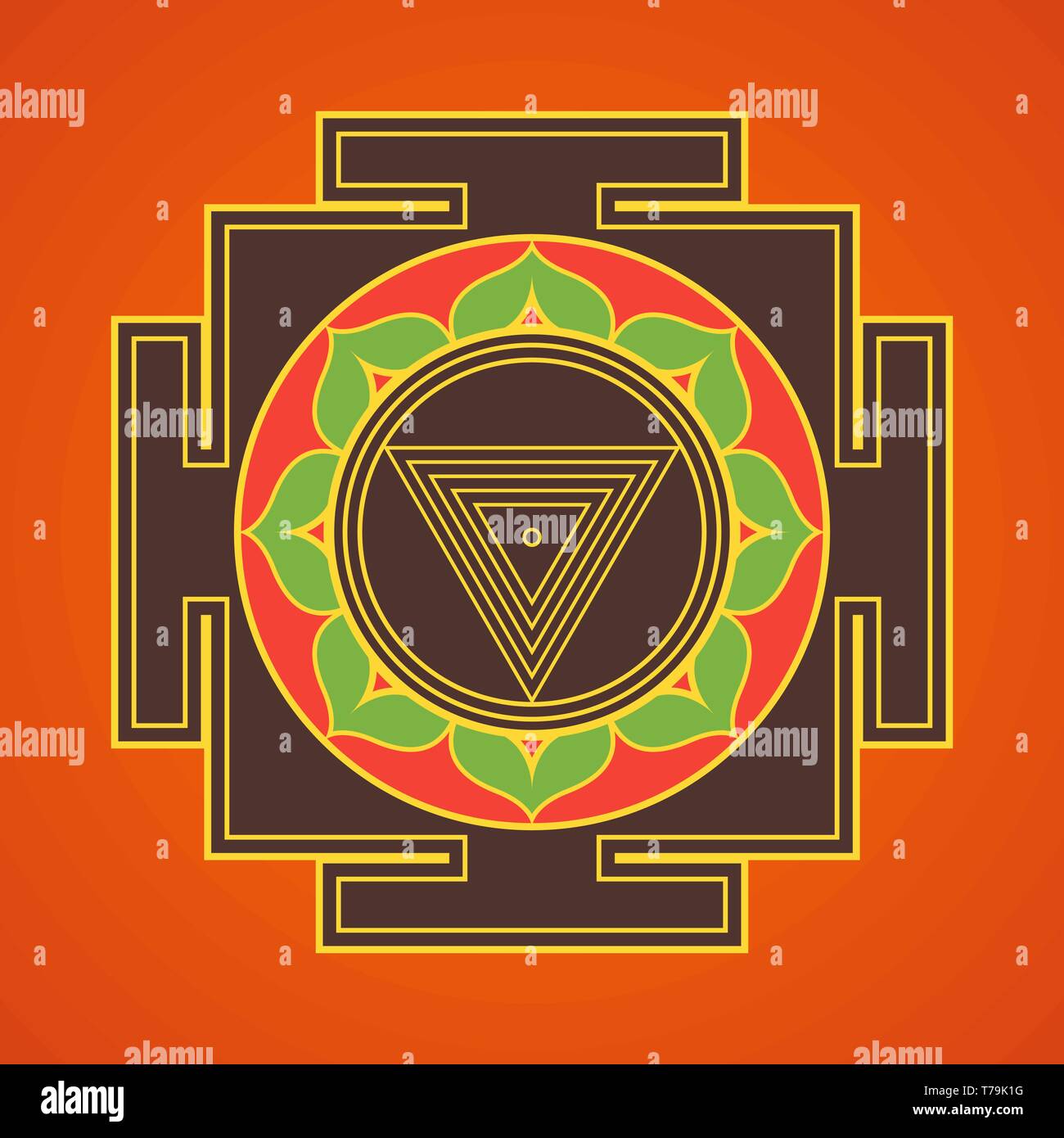 Vector design coloré Maha Kali Yantra Dasa Mahavidya aspect divin de la géométrie sacrée illustration bhupura mandala pétales de lotus orange isolé backgrou Illustration de Vecteur