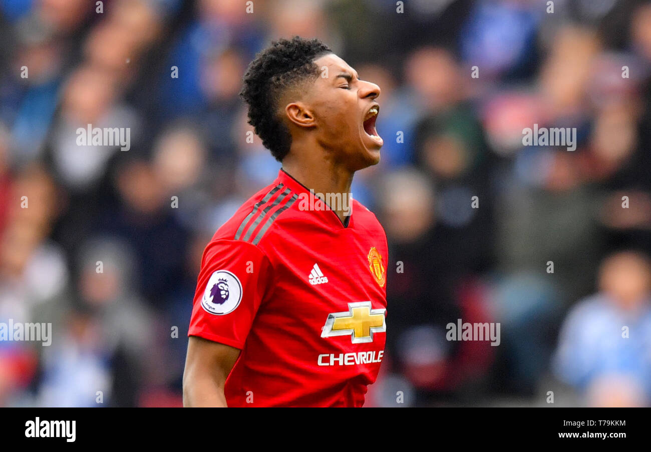 Manchester United, Marcus Rashford réagit au cours de la Premier League match à la John Smith's Stadium, Huddersfield. Banque D'Images