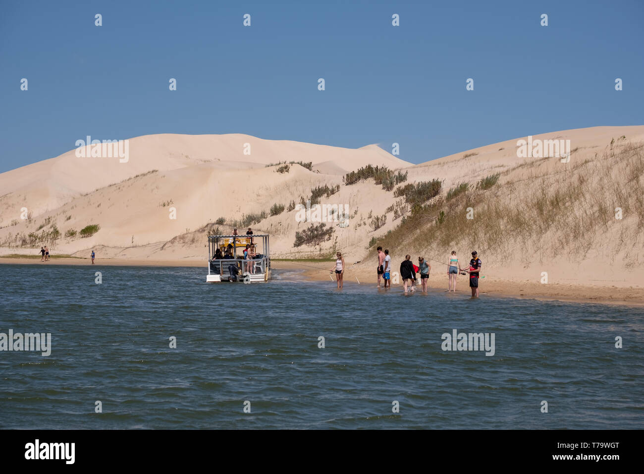 Dimanche River ferry amarré à Alexandria le champs de dunes côtières près de Addo / Colchester. Les dunes ont été photographiés à partir de la rivière le dimanche. Banque D'Images