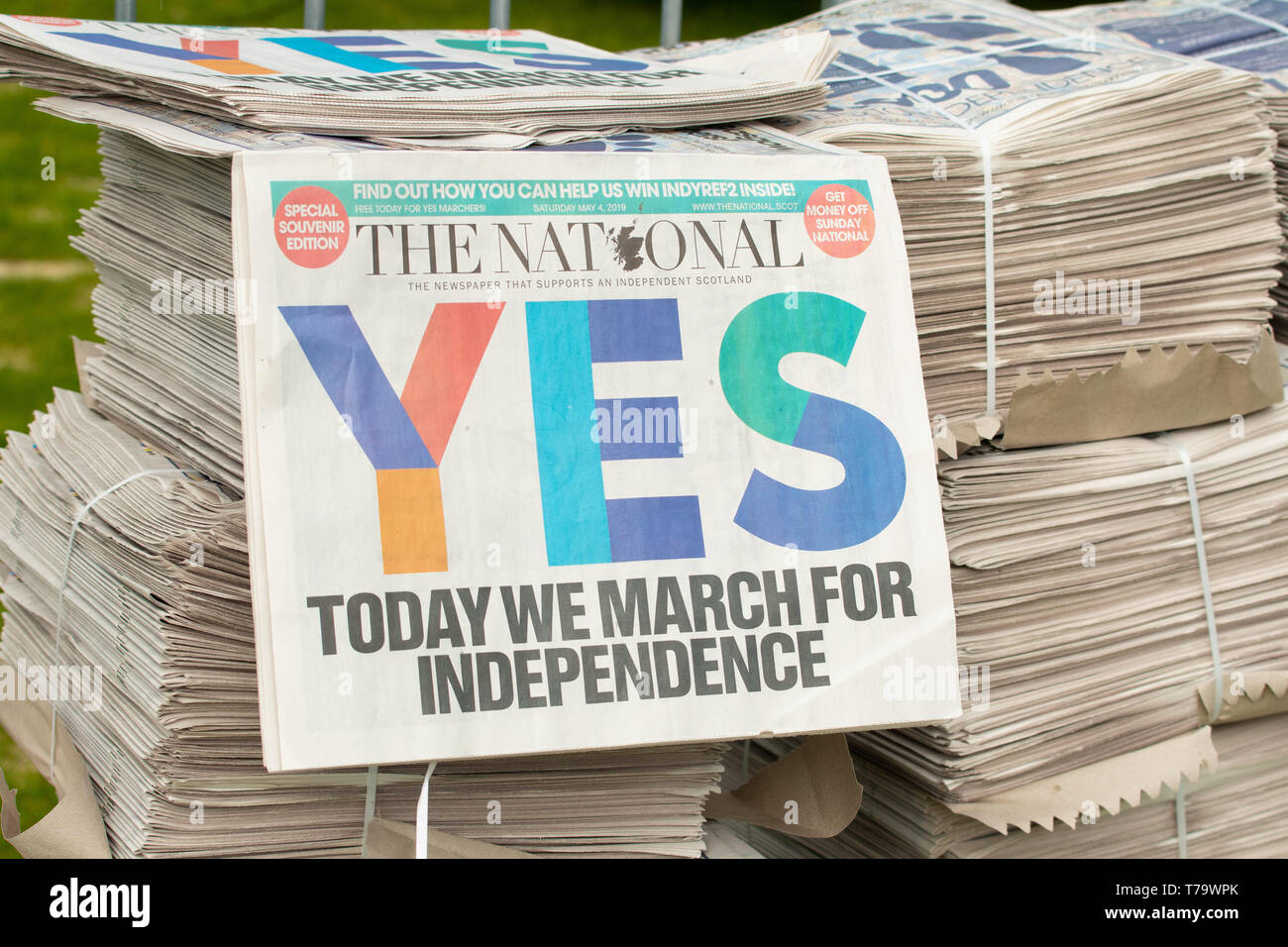 Le journal national lors de l'indépendance, Rallye, Glasgow Green, Glasgow, Scotland, UK. 4 mai, 2019 Banque D'Images