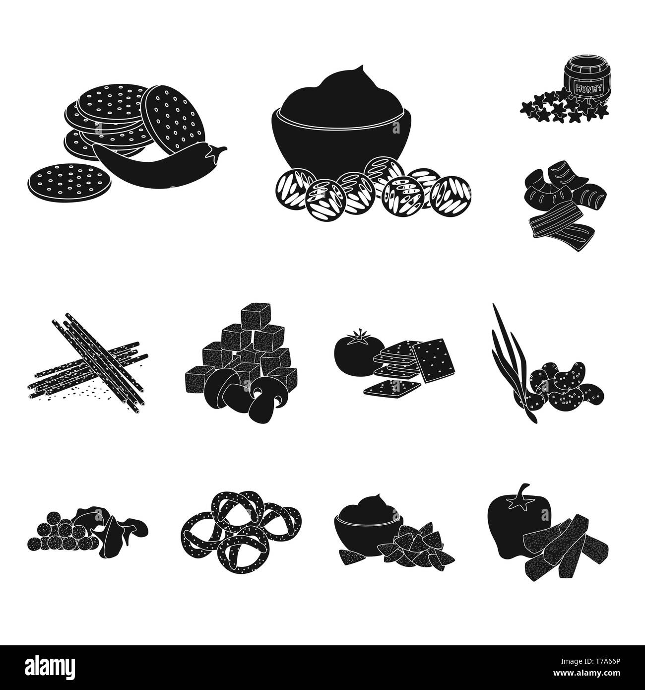 Cracker,snack,plaquettes,cookies,de,1900,le maïs,bretzel, miel,bacon,tomate,champignons,bois,soft,pain,le poivre,le ketchup,canon,sésame,frits de pommes de terre,légumes,allemand,dessert,rouge,saveur,apéritif,agriculture,ingrédient,organiques,nourriture,produits,croquant,,party,arôme,cuisine,bouche,seasonin,set,icône,,illustration,collection,isolé,design,graphisme,élément,signer,Black,de simples vecteurs vecteur , Illustration de Vecteur