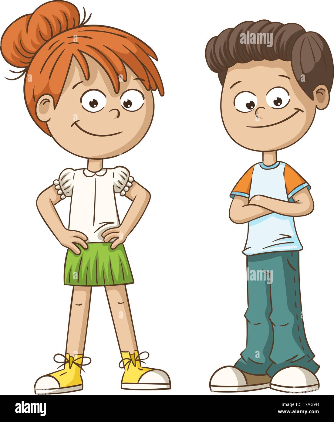 Deux smiling cartoon kids. Hand drawn vector illustration. Chacun sur un calque différent. Illustration de Vecteur