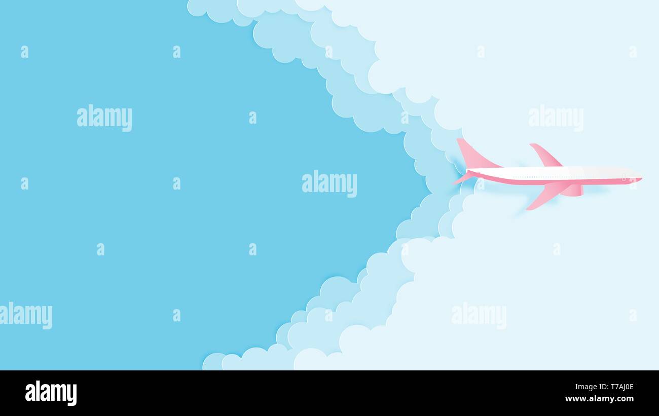 L'amour de voyage concept illustration vector modèle de coupe de papier. Art papier avion vue aérienne avec de beaux nuages et ciel bleu pour l'affiche, flyer, site web t Illustration de Vecteur