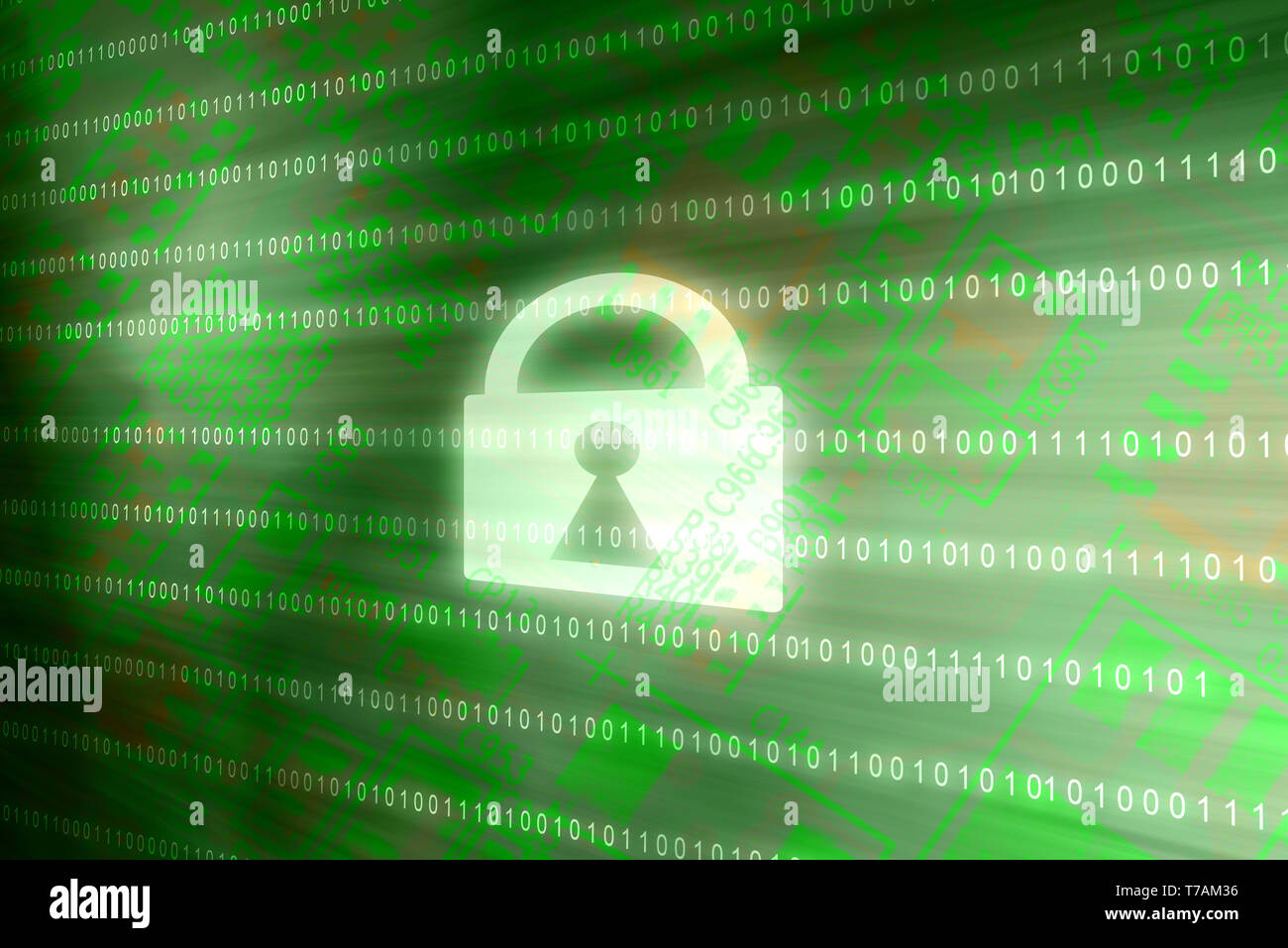 Blocage d'accès de sécurité cybernétique matrice binaire sur fond vert de la protection des données en ligne Internet Banque D'Images