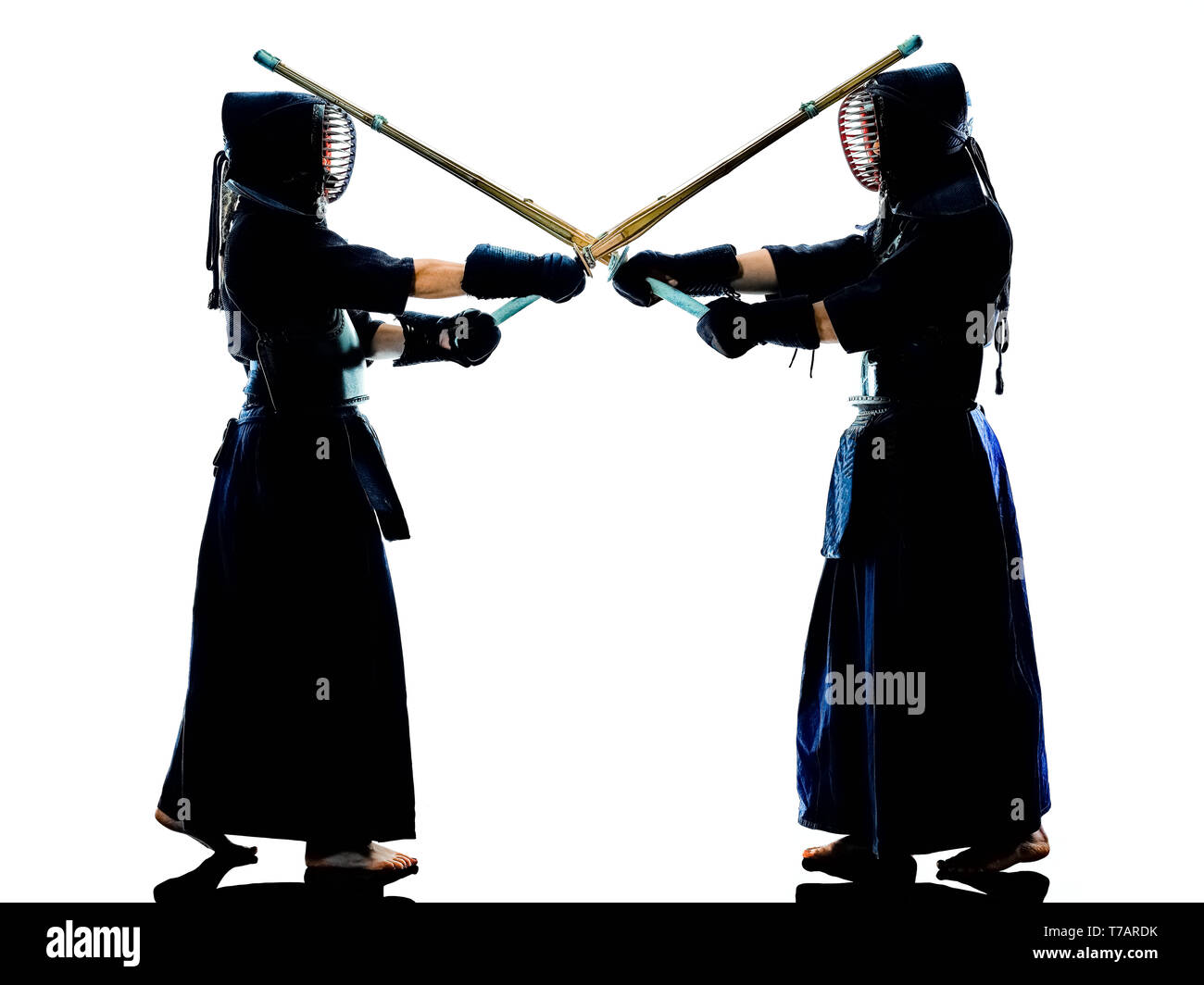 Deux combattants d'arts martiaux Kendo combat combat en silhouette isolated on white bacground Banque D'Images