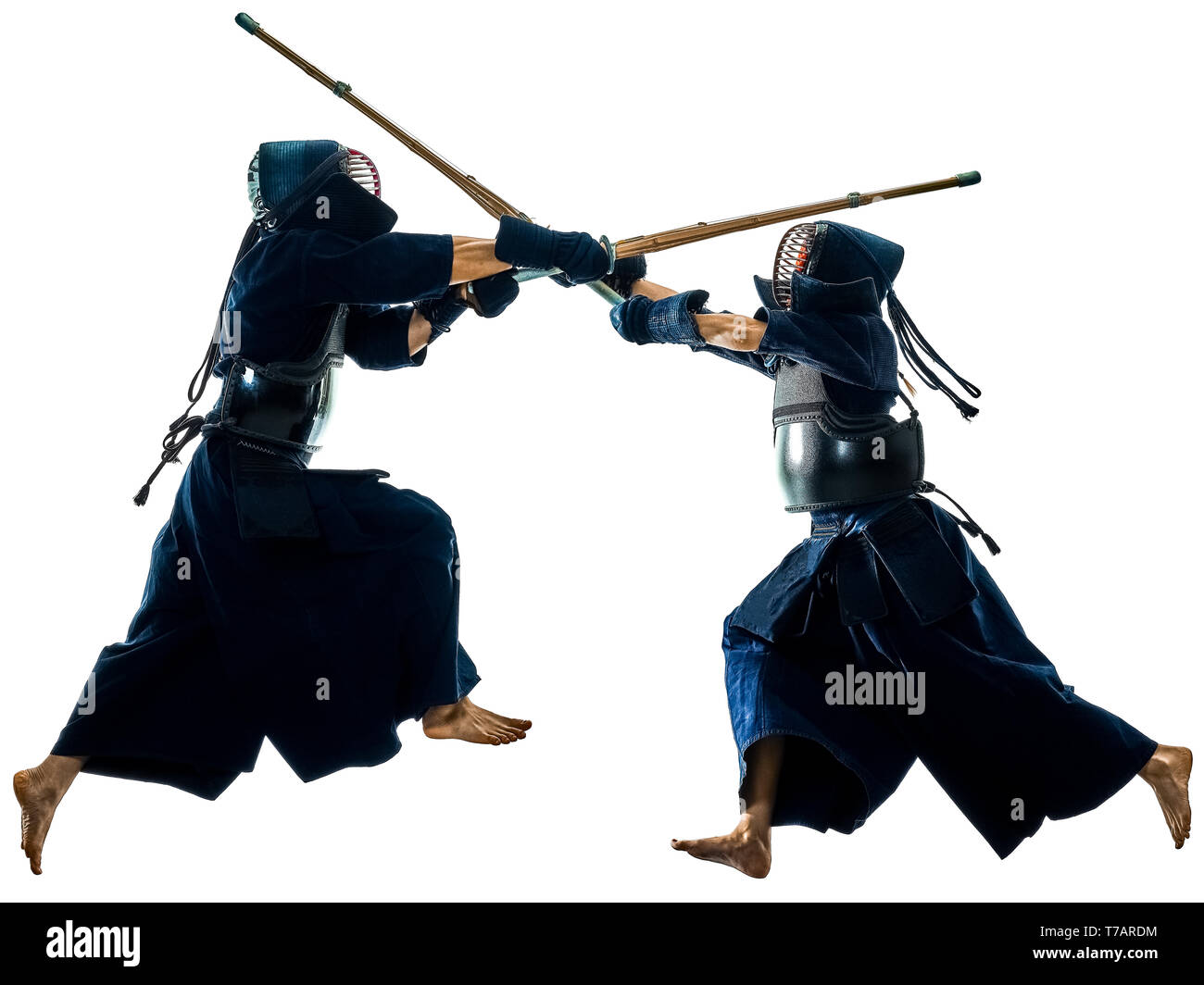 Deux combattants d'arts martiaux Kendo combat combat en silhouette isolated on white bacground Banque D'Images